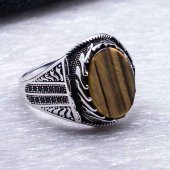 925 Ayar Gümüş Kaplan Gözü Taşlı Erkek Yüzük thumbnail 4