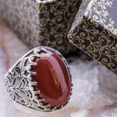 925 Ayar Gümüş Bordo Akik Taşlı Yüzük thumbnail 1