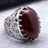 925 Ayar Gümüş Bordo Akik Taşlı Yüzük thumbnail 4