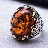 925 Ayar Gümüş  Kehribar Taşlı Gümüş Yüzük thumbnail 3