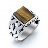 925 Ayar Gümüş Kaplan Gözü Taşlı Örgü Desenli Yüzük thumbnail 2