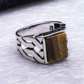 925 Ayar Gümüş Kaplan Gözü Taşlı Örgü Desenli Yüzük thumbnail 4