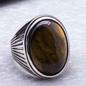 Kaplan Gözü Taşlı Gümüş Erkek Yüzük Model-2 thumbnail 4