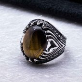 925 Ayar gümüş Oval Bombeli Kaplan Gözü Taşlı Yüzük thumbnail 3