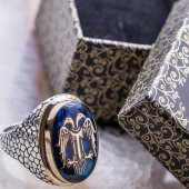 925 Ayar Gümüş Büyük  Mavi Mineli  Selçuklu Kartalı Erkek Yüzük - 1
