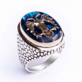 925 Ayar Gümüş Büyük  Mavi Mineli  Selçuklu Kartalı Erkek Yüzük - 2