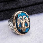 925 Ayar Gümüş Büyük  Mavi Mineli  Selçuklu Kartalı Erkek Yüzük - 3