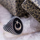 925 Ayar Gümüş Oval  Ay Yıldız Erkek Gümüş Yüzük thumbnail 1