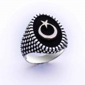 925 Ayar Gümüş Oval  Ay Yıldız Erkek Gümüş Yüzük thumbnail 2