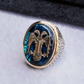 925 Ayar Gümüş Büyük  Mavi Mineli  Selçuklu Kartalı Erkek Yüzük - 4