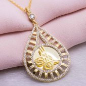 925 Ayar Gümüş Altın Kaplama Tuğralı Damla Kolye Model 7 thumbnail 1