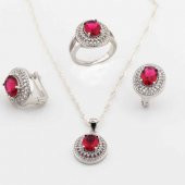 925 Ayar Gümüş Kırmızı Oval Zirkon Taşlı Set - 1