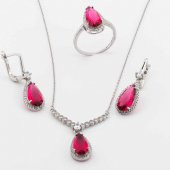 925 Ayar Gümüş Pembe Zirkon Taşlı Damla Set - 1