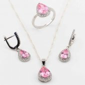 925 Ayar Gümüş Pembe Zirkon Taşlı Damla Model Bayan Set - 1