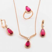 925 Ayar Gümüş Pembe Zirkon Taşlı Damla Model  Set - 1