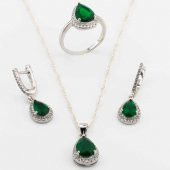 925 Ayar Gümüş Yeşil Zirkon Taşlı Damla Model Set - 1