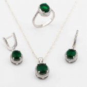 925 Ayar Gümüş Yeşil Zirkon Taşlı  Yuvarlak Model Bayan Set - 1