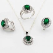 925 Ayar Gümüş Yeşil Zirkon Taşlı Oval Model Bayan Set - 1