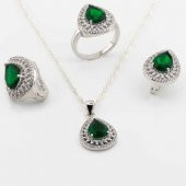 925 Ayar Gümüş Yeşil Zirkon Taşlı Damla Model Bayan Set - 1
