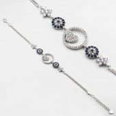 925 Ayar Gümüş  Zirkon Taşlı Nazarlı  Kalpli Bayan  Bileklik thumbnail 1