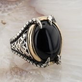 Siyah Oval Oniks  Taşlı Pençeli Gümüş Yüzük thumbnail 2