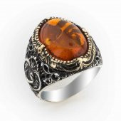 925 Ayar Gümüş Kehribar Taşlı Vav Detaylı Yüzük thumbnail 1