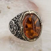 925 Ayar Gümüş Kehribar Taşlı Vav Detaylı Yüzük thumbnail 2