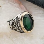 925 Ayar Gümüş Yeşil Zirkon  Taşlı Lale detaylı Erkek Yüzük thumbnail 2