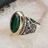 925 Ayar Gümüş Yeşil Zirkon  Taşlı Lale detaylı Erkek Yüzük thumbnail 3