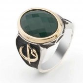 925 Ayar Gümüş Yeşil Zirkon Taşlı Elif Vav Detaylı Erkek Yüzük thumbnail 1