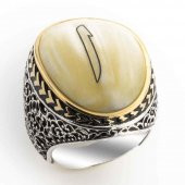 Büyük Sedef Taşlı Elif İşlemeli Gümüş Yüzük thumbnail 1