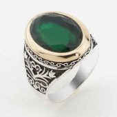 925 Ayar Gümüş Yeşil Zirkon  Taşlı Lale detaylı Erkek Yüzük thumbnail 1
