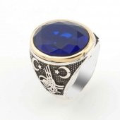 925 Ayar Gümüş  Mavi  Zirkon Taşlı Tuğra Detaylı  Erkek Yüzük thumbnail 1