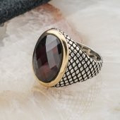 925 Ayar Gümüş Desenli Kırmızı Zirkon  Taşlı Gümüş Erkek Yüzük thumbnail 3