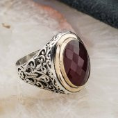 925 Ayar Gümüş Büyük Kırmızı  Zirkon Taşlı Erkek Yüzük thumbnail 2
