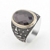 Kırmızı Zirkon Taşlı Kız Kulesi Desenli Gümüş Erkek Yüzük thumbnail 1