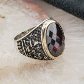 Kırmızı Zirkon Taşlı Kız Kulesi Desenli Gümüş Erkek Yüzük thumbnail 2