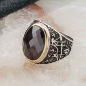 Kırmızı Zirkon Taşlı Kız Kulesi Desenli Gümüş Erkek Yüzük thumbnail 3