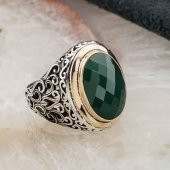 925 Ayar Gümüş Yeşil Zirkon  Taşlı Erkek Yüzük - 2