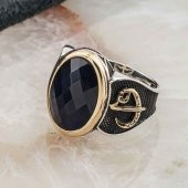 925 Ayar Gümüş Mavi Zirkon  Taşlı Elif Vav Detaylı Erkek Yüzük thumbnail 3