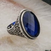 925 ayar Gümüş Oval Mavi Zirkon  Taşlı Erkek Yüzük thumbnail 2