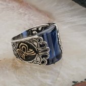 Osmanlı Tuğralı Mavi Zirkon  Taşlı Erkek Gümüş Yüzük thumbnail 2