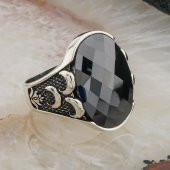 Siyah Zirkon Taşlı 3 hilal  detaylı  Gümüş Erkek Yüzük thumbnail 2