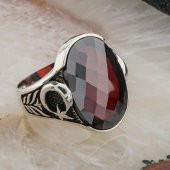 Kırmızı Taşlı Ay Yıldızlı Gümüş Erkek Yüzük thumbnail 2