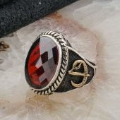 Kırmızı Taşlı Elif Vav Detaylı Gümüş  Erkek Yüzük thumbnail 3