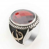 Kırmızı Taşlı Elif Vav Detaylı Gümüş  Erkek Yüzük thumbnail 1