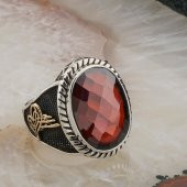 Osmanlı Tuğralı Kırmızı Zirkon Taşlı Gümüş Yüzük thumbnail 2