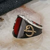 Kırmızı Taşlı Elif Vav Gümüş  Erkek Yüzük thumbnail 3