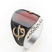 Kırmızı Taşlı Elif Vav Gümüş  Erkek Yüzük thumbnail 1