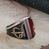 Kırmızı Taşlı Elif Vav Gümüş  Erkek Yüzük thumbnail 2